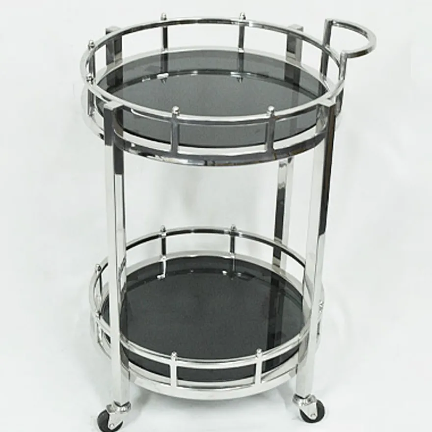Casa Padrino Luxus Bar Trolley Servierwagen rund Edelstahl vernickelt und schwarzes Glas, 58 x 50 x 78 cm