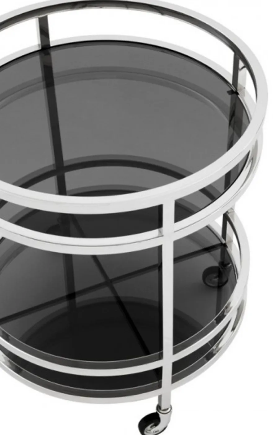 Casa Padrino Luxus Bar Trolley Servierwagen Rund Edelstahl vernickelt / schwarzes Glas - 60 x 69 cm