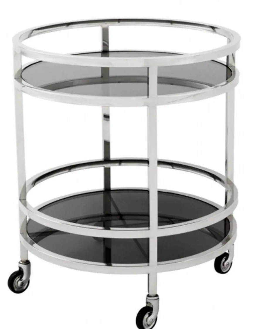 Casa Padrino Luxus Bar Trolley Servierwagen Rund Edelstahl vernickelt / schwarzes Glas - 60 x 69 cm