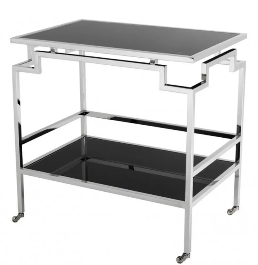 Casa Padrino Luxus Bar Trolley Servierwagen aus Edelstahl vernickelt und schwarzem Glas - 72 x 47 x H. 71,5 cm