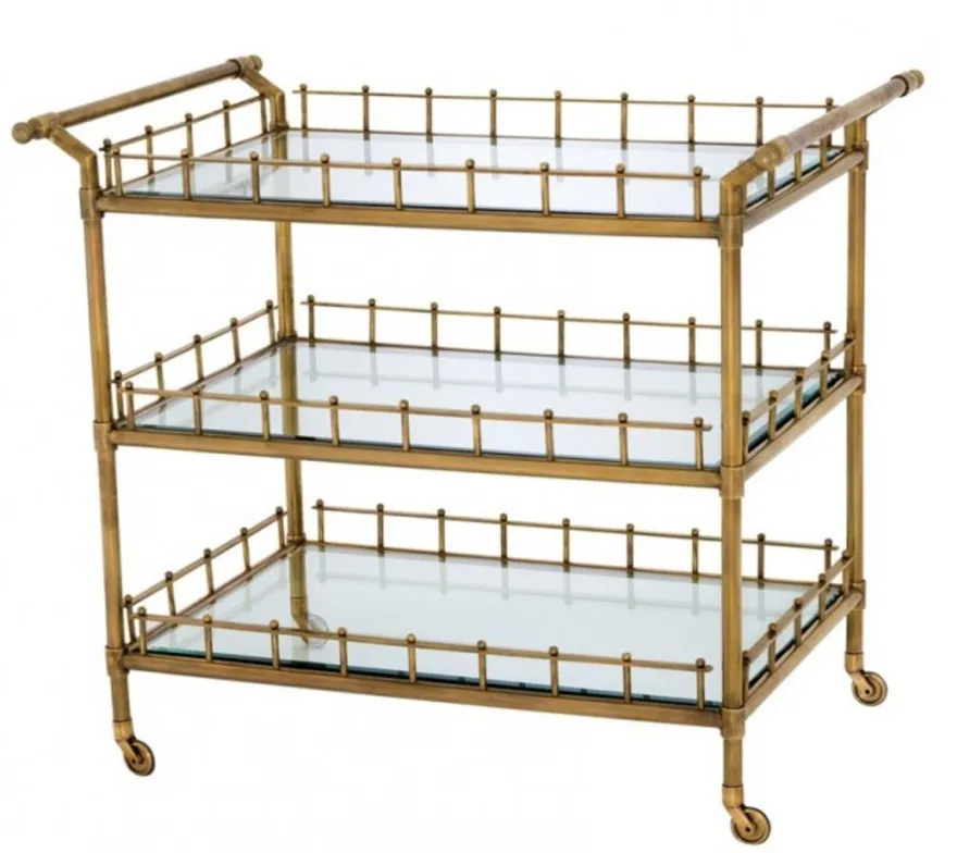 Casa Padrino Luxus Bar Trolley Servierwagen im Antikstil aus Messing und geschliffenem Glas 102 x 71,5 x H. 90,5 cm