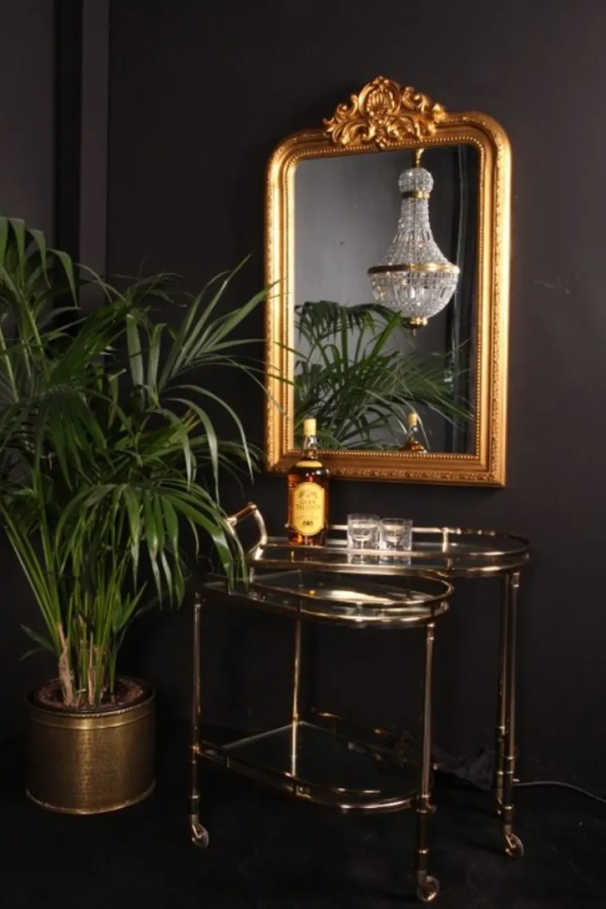 Casa Padrino Luxus Barwagen Gold 75 x 41 x H. 83 cm - Servierwagen mit ausschwenkbarer Glasablage und Rollen