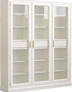 Casa Padrino Luxus Bücherschrank mit 3 Türen und LED Beleuchtung Weiß 200 x 45 x H. 230 cm - Massivholz Schrank - Wohnzimmerschrank - Regalschrank - Büroschrank - Luxus Möbel - Luxus Einrichtung