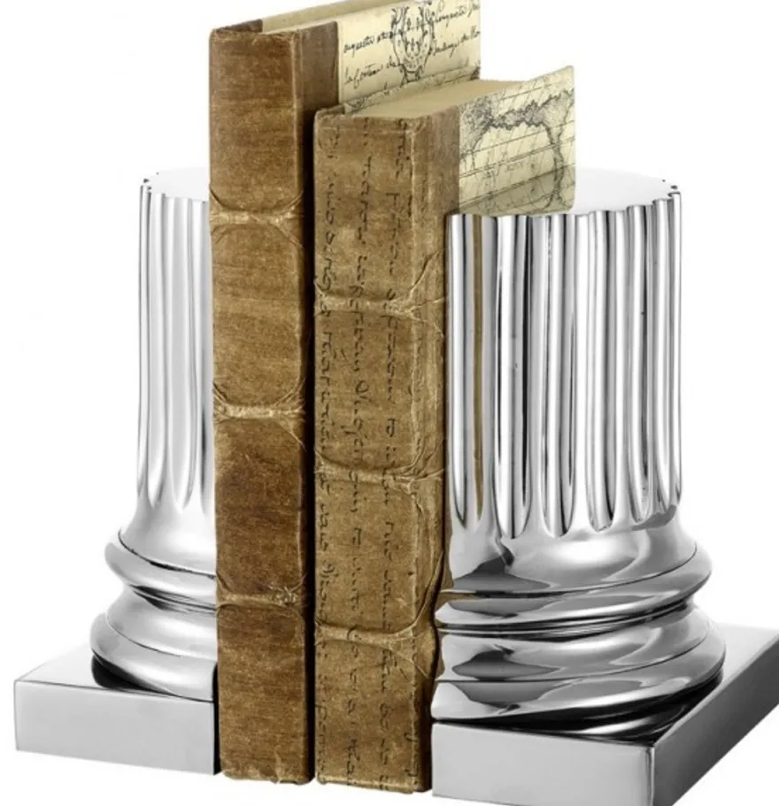 Casa Padrino Luxus Bücherstützen Set Säulen im Nickel Finish - 15 x 7,5 x H. 18,5 cm - Massive Messing Dekoration
