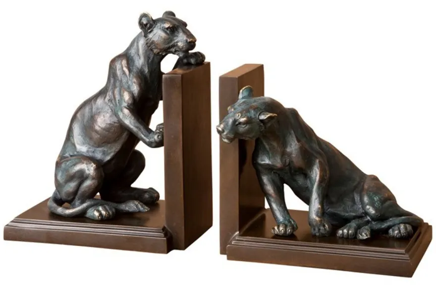 Casa Padrino Luxus Bücherstützen Set Löwen aus Bronze und Messing, 18 x 12 x H. 22 cm