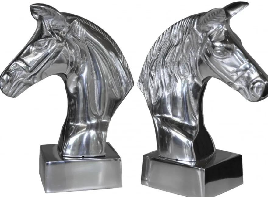 Casa Padrino Luxus Bücherstützen Pferdeköpfe aus Aluminium Silber 22 x 18 x 9,5 cm - Set aus 2 Stück