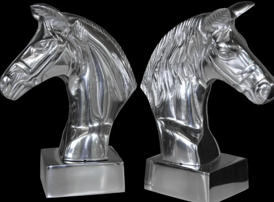 Casa Padrino Luxus Bücherstützen Pferdeköpfe aus Aluminium Silber 22 x 18 x 9,5 cm - Set aus 2 Stück