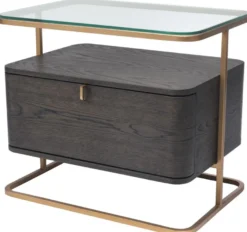 Casa Padrino Luxus Beistelltisch Mokka / Messing 65 x 46 x H. 57 cm - Edler Nachttisch mit Glasplatte und Schublade - Luxus Möbel