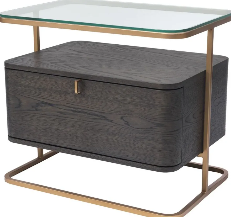 Casa Padrino Luxus Beistelltisch Mokka / Messing 65 x 46 x H. 57 cm - Edler Nachttisch mit Glasplatte und Schublade - Luxus Möbel