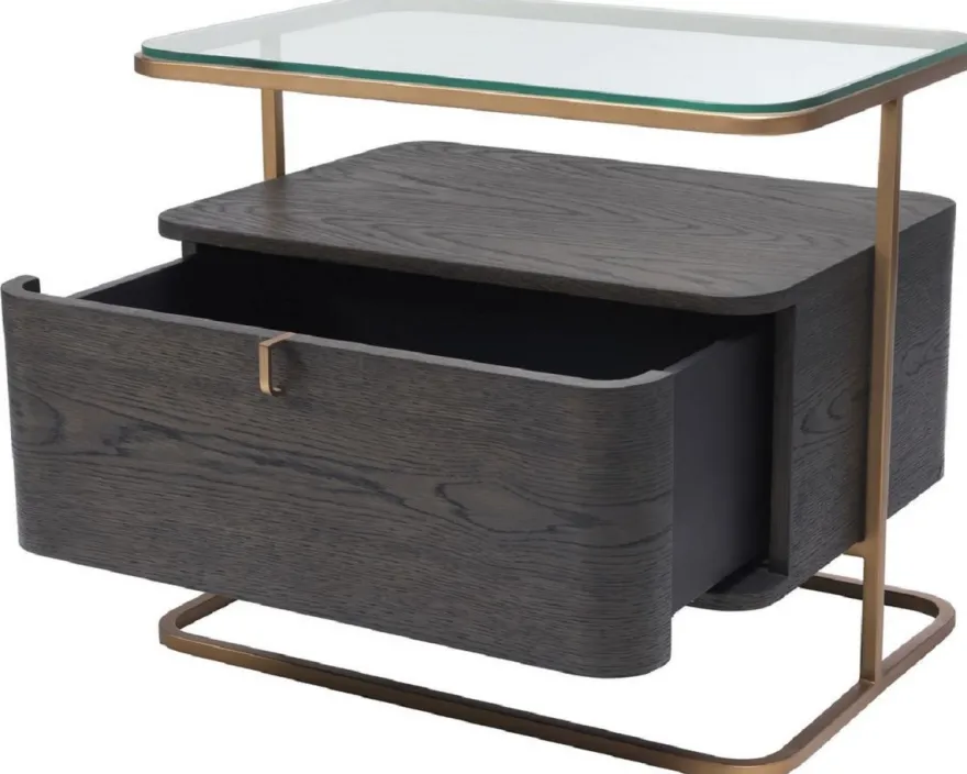 Casa Padrino Luxus Beistelltisch Mokka / Messing 65 x 46 x H. 57 cm - Edler Nachttisch mit Glasplatte und Schublade - Luxus Möbel