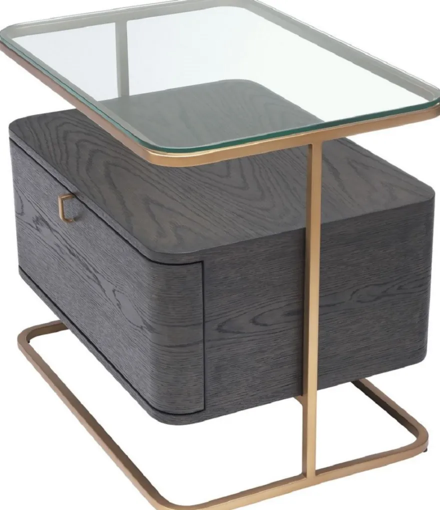 Casa Padrino Luxus Beistelltisch Mokka / Messing 65 x 46 x H. 57 cm - Edler Nachttisch mit Glasplatte und Schublade - Luxus Möbel