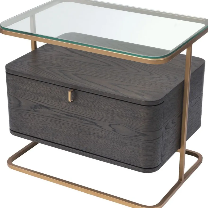 Casa Padrino Luxus Beistelltisch Mokka / Messing 65 x 46 x H. 57 cm - Edler Nachttisch mit Glasplatte und Schublade - Luxus Möbel