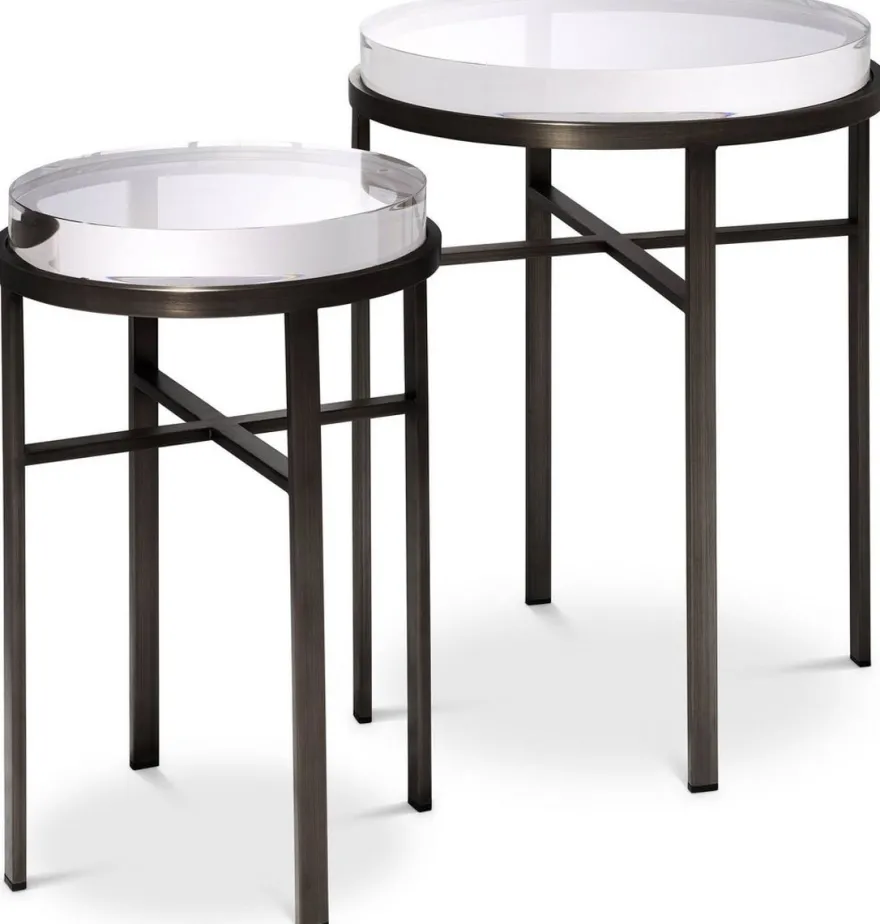 Casa Padrino Luxus Beistelltisch Set Bronzefarben - 2 Runde Edelstahl Tische mit Glasplatte - Luxus Wohnzimmer Möbel