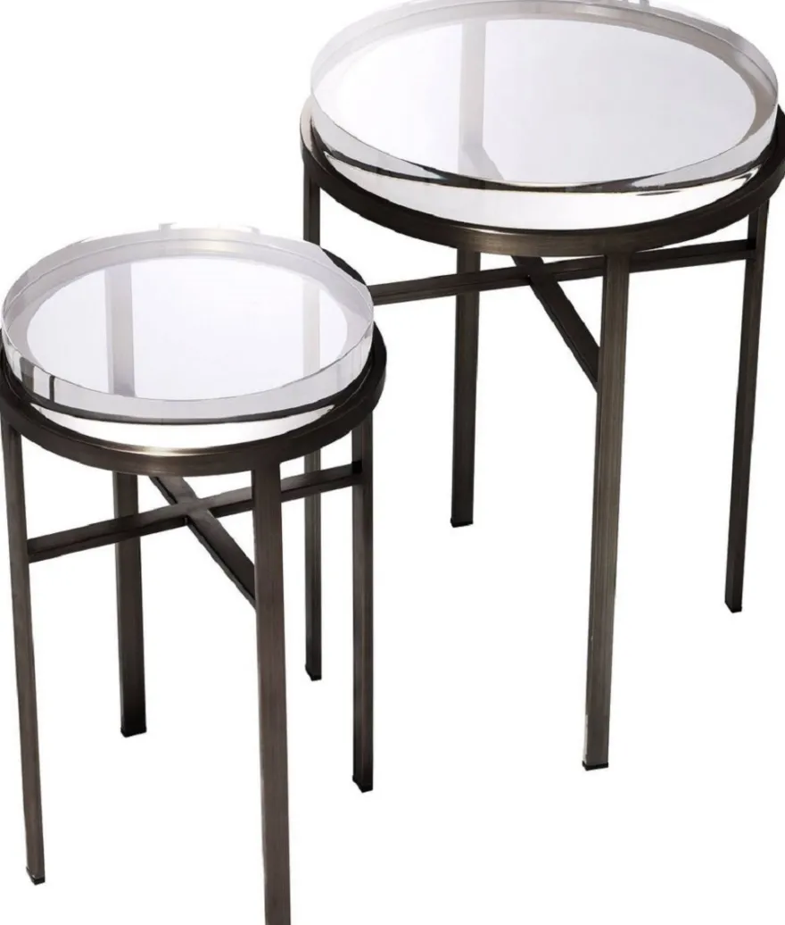 Casa Padrino Luxus Beistelltisch Set Bronzefarben - 2 Runde Edelstahl Tische mit Glasplatte - Luxus Wohnzimmer Möbel