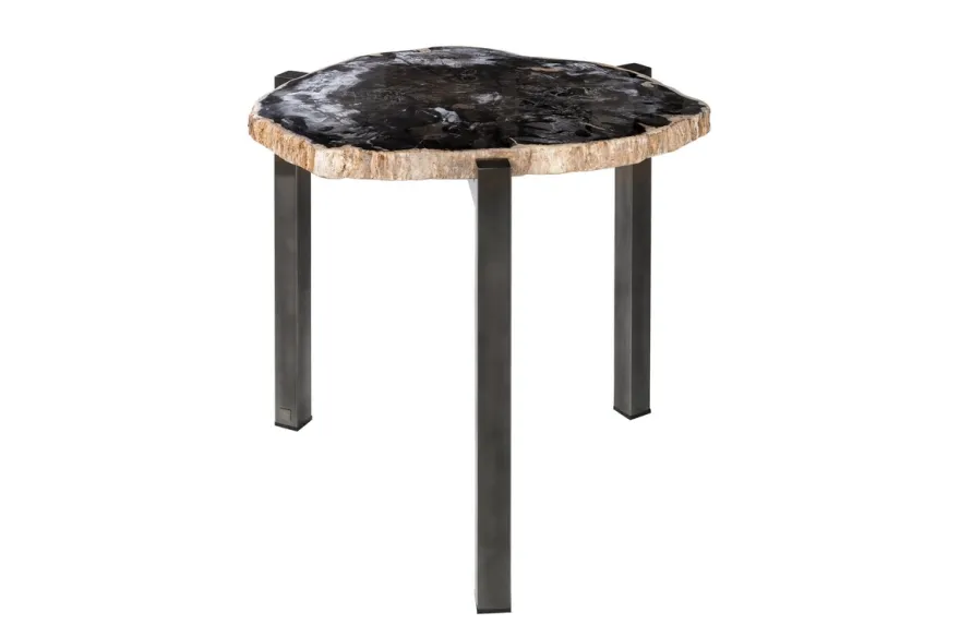 Casa Padrino Luxus Beistelltisch Braun 65 x 65 x H. 67 cm - Beistelltisch mit Tischplatte aus versteinertem Holz und Edelstahlfuß - Luxus Möbel