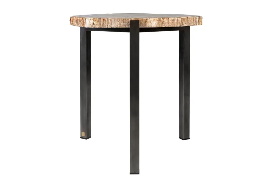 Casa Padrino Luxus Beistelltisch Braun 65 x 65 x H. 67 cm - Beistelltisch mit Tischplatte aus versteinertem Holz und Edelstahlfuß - Luxus Möbel