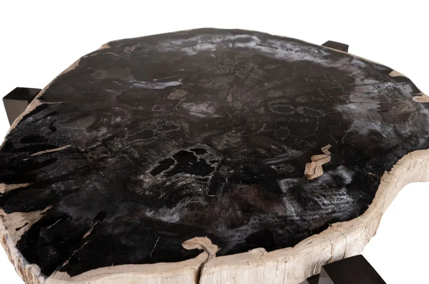 Casa Padrino Luxus Beistelltisch Braun 65 x 65 x H. 67 cm - Beistelltisch mit Tischplatte aus versteinertem Holz und Edelstahlfuß - Luxus Möbel