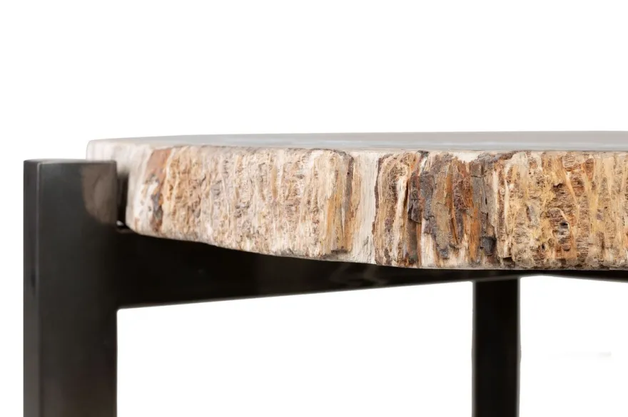 Casa Padrino Luxus Beistelltisch Braun 65 x 65 x H. 67 cm - Beistelltisch mit Tischplatte aus versteinertem Holz und Edelstahlfuß - Luxus Möbel