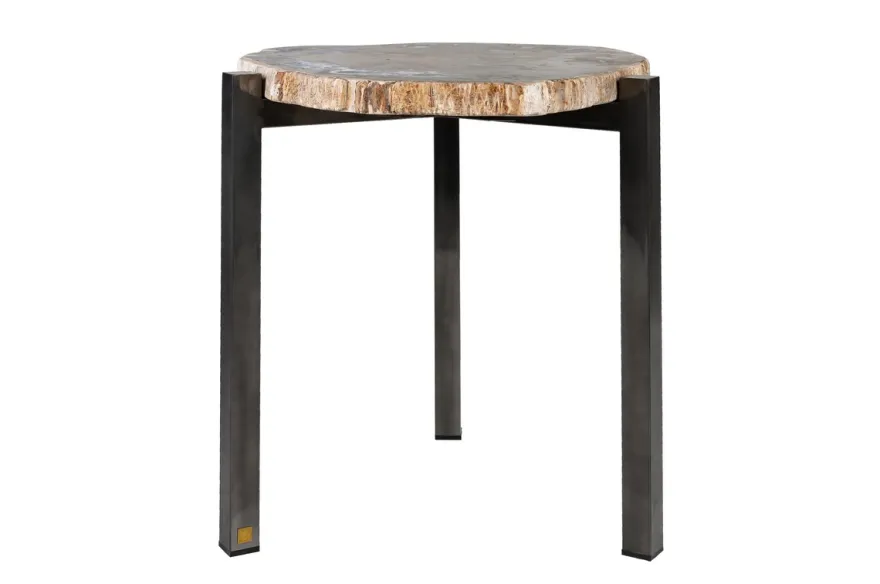 Casa Padrino Luxus Beistelltisch Braun 65 x 65 x H. 67 cm - Beistelltisch mit Tischplatte aus versteinertem Holz und Edelstahlfuß - Luxus Möbel