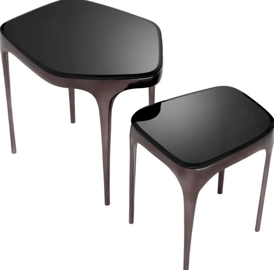 Casa Padrino Luxus Beistelltisch Set Silberschwarz / Schwarz - 2 Aluminium Tische mit Glasplatten - Hotel Möbel - Wohnzimmer Möbel - Luxus Möbel - Luxus Einrichtung - Möbel Luxus