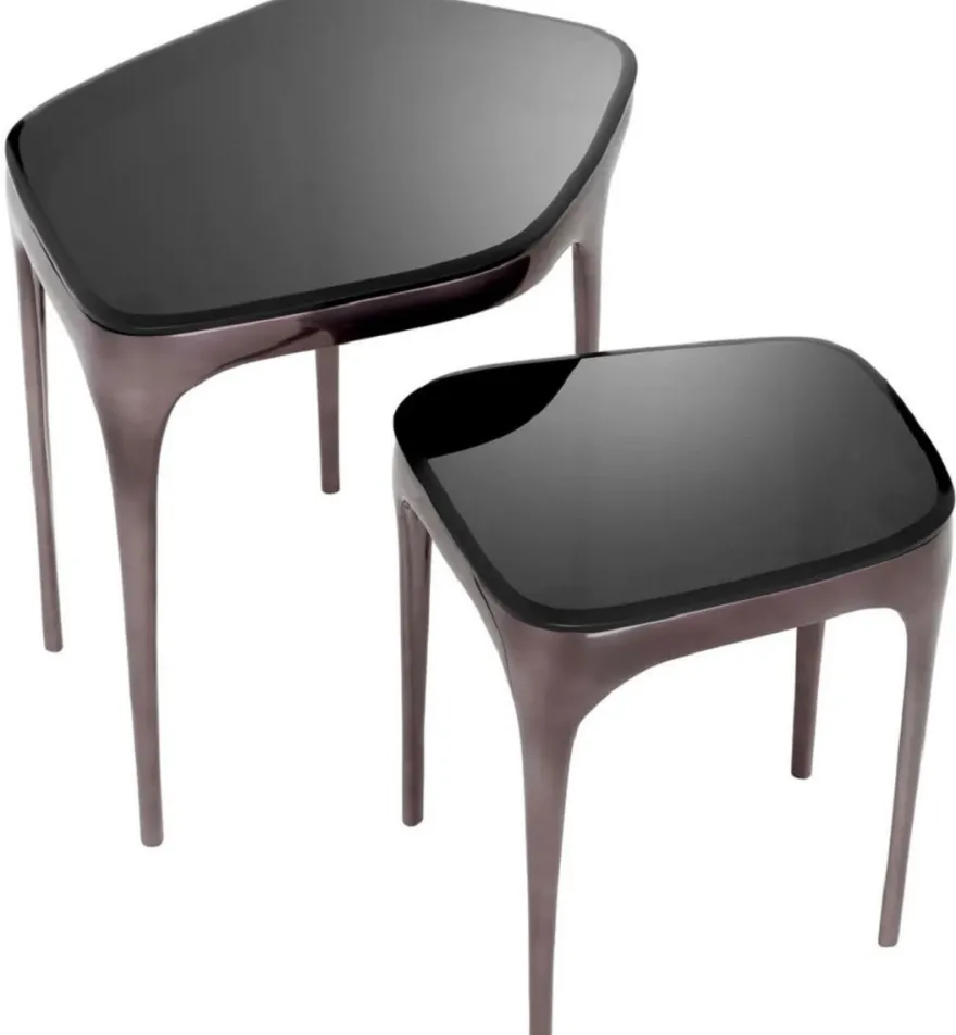 Casa Padrino Luxus Beistelltisch Set Silberschwarz / Schwarz - 2 Aluminium Tische mit Glasplatten - Hotel Möbel - Wohnzimmer Möbel - Luxus Möbel - Luxus Einrichtung - Möbel Luxus