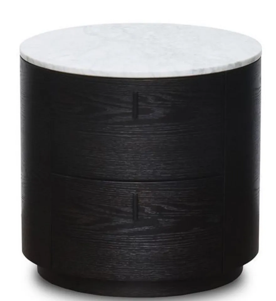 Casa Padrino Luxus Beistelltisch Schwarz / Weiß Ø 48 x H. 46 cm - Runder Holz Tisch mit Marmorplatte und 2 Schubladen