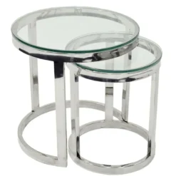 Casa Padrino Luxus Beistelltisch 2er Set Silber Ø 55 x H. 55 cm - Runde Edelstahl Satztische mit Glasplatten
