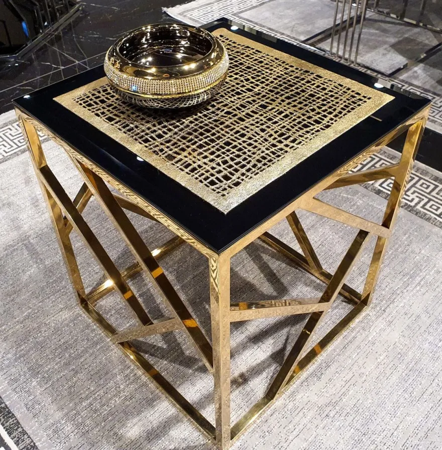 Casa Padrino Luxus Beistelltisch mit Glasplatte Gold / Schwarz 45 x 45 x H. 43 cm - Wohnzimmer Möbel - Luxus Möbel