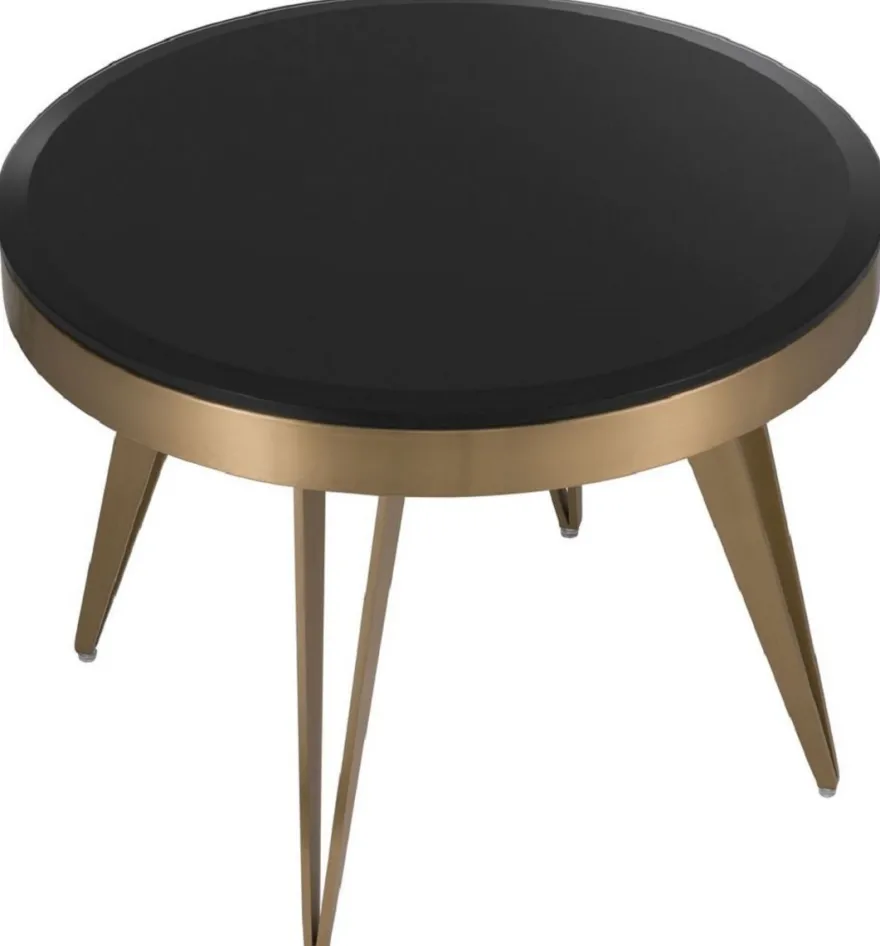 Casa Padrino Luxus Beistelltisch Messingfarben / Schwarz Ø 60 x H. 45 cm - Runder Edelstahl Tisch mit Glasplatte - Wohnzimmer Möbel - Luxus Möbel