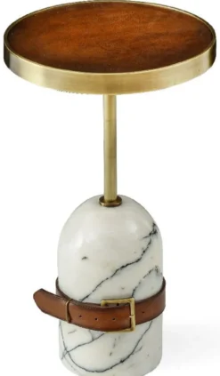Casa Padrino Luxus Beistelltisch Braun / Messing / Weiß Ø 29,5 x H. 51,5 cm - Runder Tisch mit Marmorfuß - Wohnzimmer Möbel - Luxus Möbel