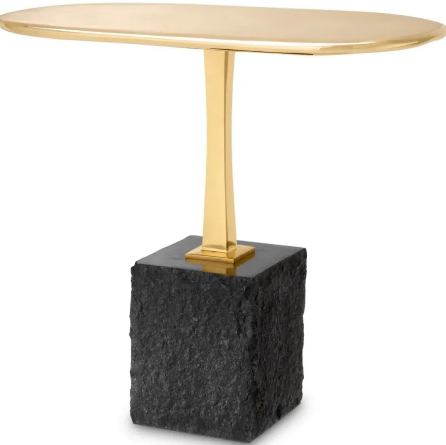 Casa Padrino Luxus Beistelltisch Messing / Schwarz 56 x 36 x H. 50 cm - Ovaler Messing Tisch mit Granitsockel - Luxus Möbel - Wohnzimmer Möbel - Luxus Einrichtung - Wohnzimmer Einrichtung