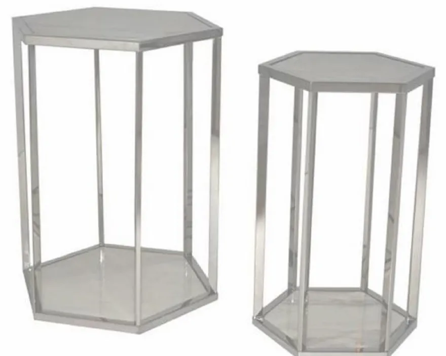 Casa Padrino Luxus Beistelltisch Set Silber / Weiß - Edelstahl Tische mit Marmorplatten - Luxus Kollektion