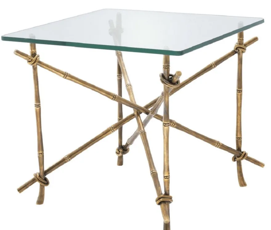 Casa Padrino Luxus Beistelltisch Vintage Messingfarben 55 x 55 x H. 49,5 cm - Messing Tisch mit Glasplatte - Luxus Möbel