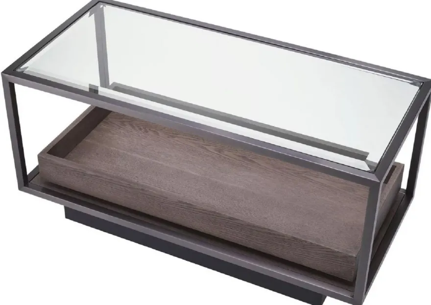 Casa Padrino Luxus Beistelltisch Bronze / Grau 90 x 42 x H. 44 cm - Rechteckiger Tisch mit Glasplatte und edlem Furnier - Wohnzimmer Möbel - Luxus Möbel - Luxus Einrichtung