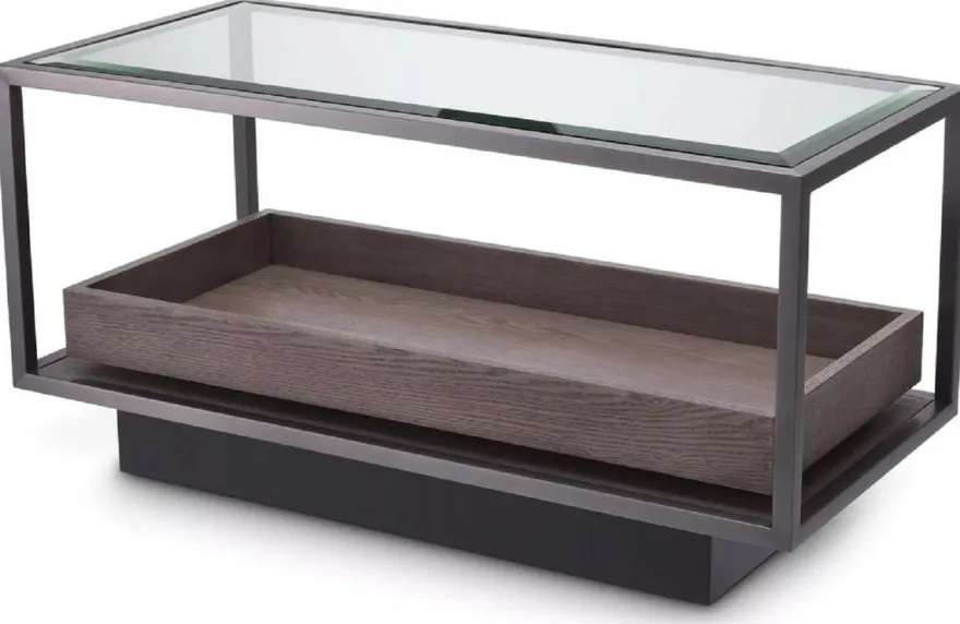 Casa Padrino Luxus Beistelltisch Bronze / Grau 90 x 42 x H. 44 cm - Rechteckiger Tisch mit Glasplatte und edlem Furnier - Wohnzimmer Möbel - Luxus Möbel - Luxus Einrichtung