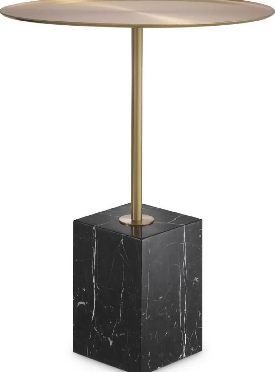 Casa Padrino Luxus Beistelltisch Messingfarben / Schwarz-Weiß Ø 45 x H. 62 cm - Runder Edelstahl Tisch mit Marmorsockel - Wohnzimmer Möbel - Hotel Möbel - Luxus Möbel