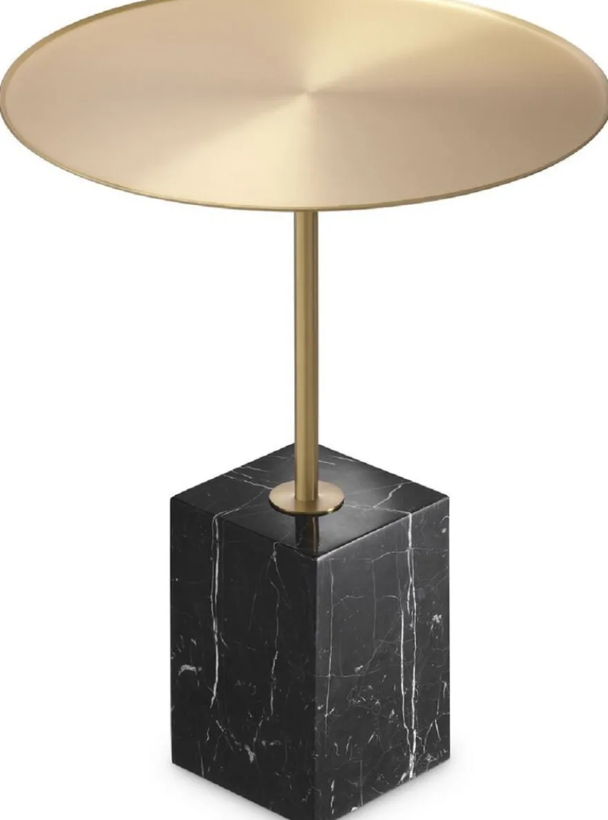 Casa Padrino Luxus Beistelltisch Messingfarben / Schwarz-Weiß Ø 45 x H. 62 cm - Runder Edelstahl Tisch mit Marmorsockel - Wohnzimmer Möbel - Hotel Möbel - Luxus Möbel