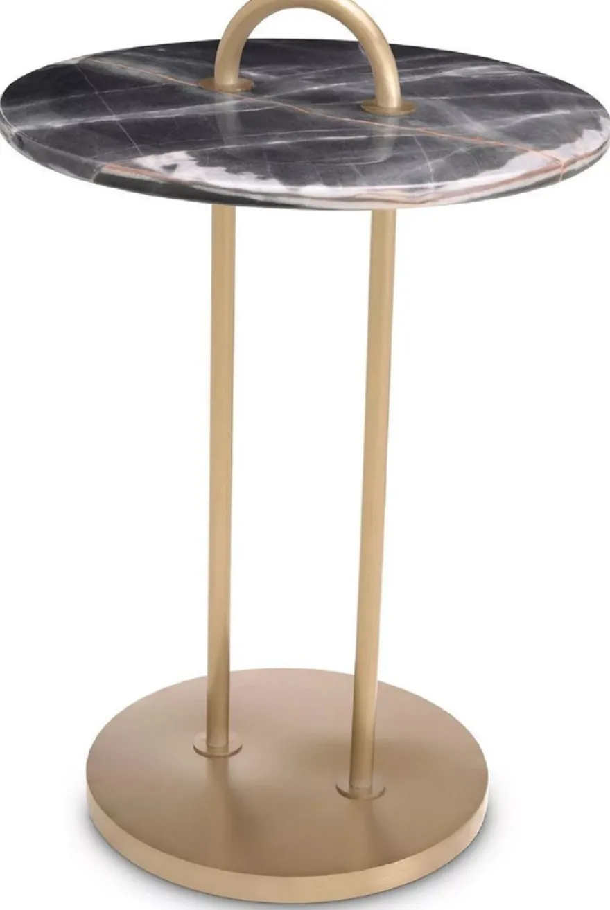 Casa Padrino Luxus Beistelltisch Messing / Schwarz Ø 38,5 x H. 58 cm - Runder Tisch mit Marmorplatte und Tragegriff - Wohnzimmer Möbel - Luxus Möbel - Wohnzimmer Einrichtung - Luxus Qualität