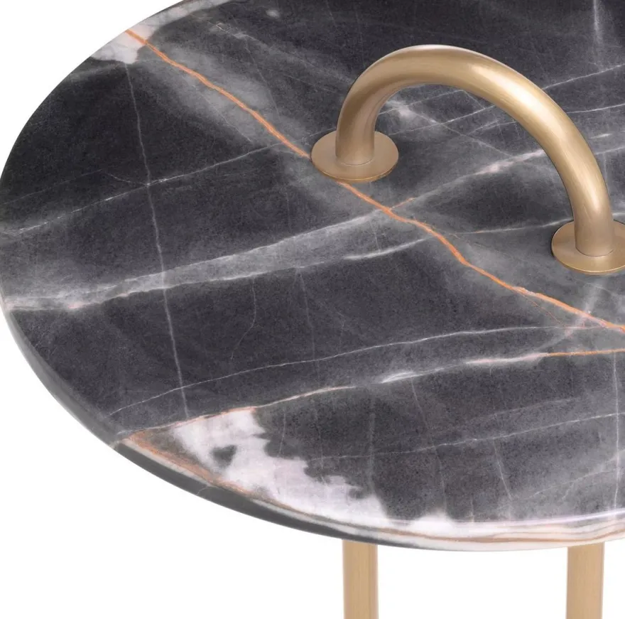 Casa Padrino Luxus Beistelltisch Messing / Schwarz Ø 38,5 x H. 58 cm - Runder Tisch mit Marmorplatte und Tragegriff - Wohnzimmer Möbel - Luxus Möbel - Wohnzimmer Einrichtung - Luxus Qualität