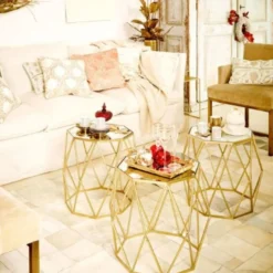 Casa Padrino Luxus Beistelltisch Set Gold - 3 Metall Tische mit Glasplatte - Wohnzimmer Möbel - Luxus Kollektion