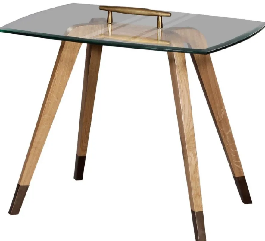Casa Padrino Luxus Beistelltisch Naturfarben / Braun / Messingfarben 60 x 40 x H. 53 cm - Moderner Tisch mit Glasplatte und Tragegriff - Wohnzimmer Möbel - Luxus Kollektion