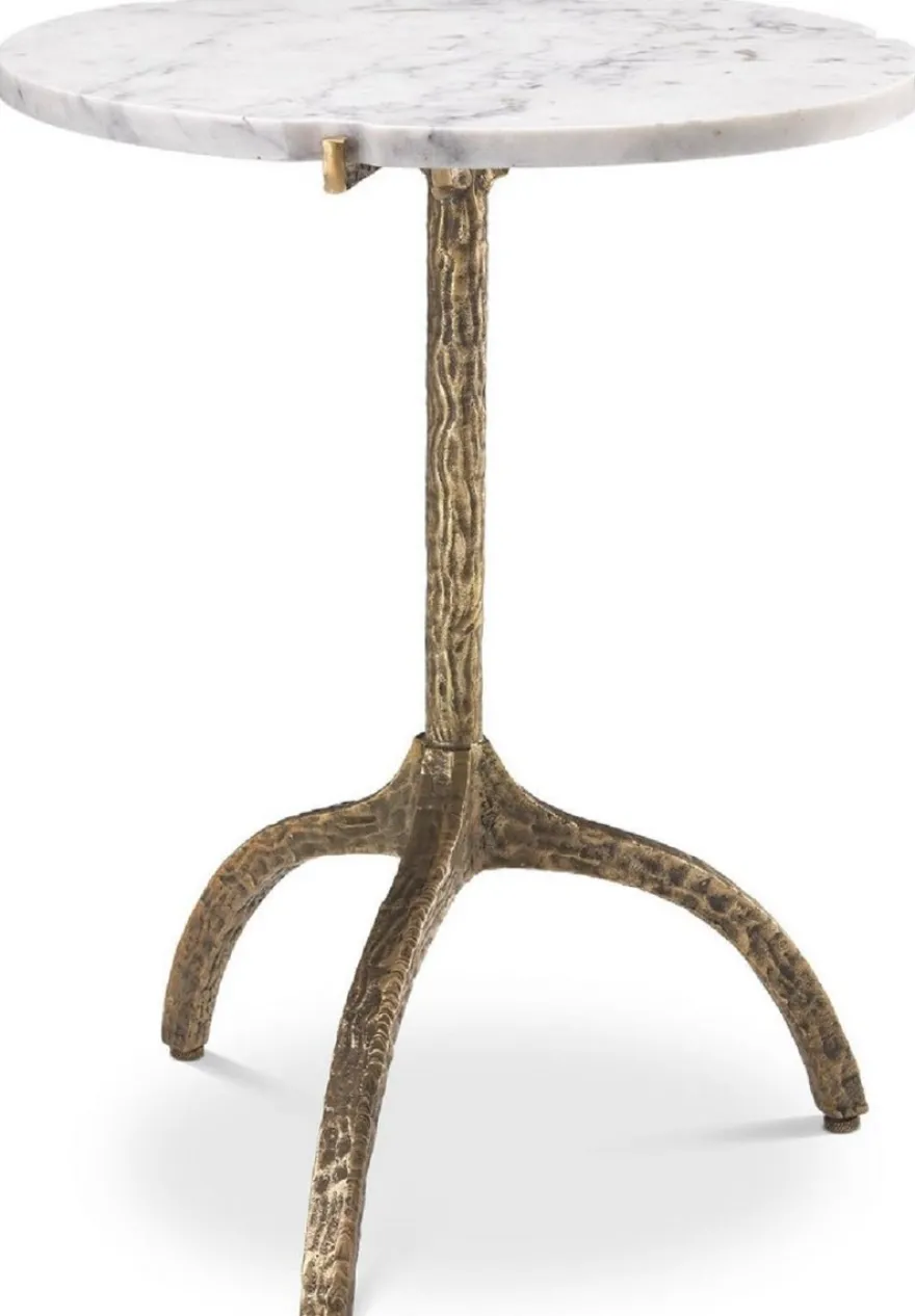 Casa Padrino Luxus Beistelltisch Vintage Messingfarben / Weiß Ø 45 x H. 58,5 cm - Messing Tisch mit Marmorplatte - Wohnzimmer Möbel - Luxus Möbel