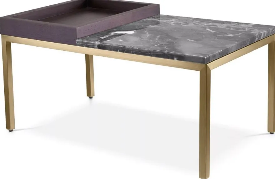 Casa Padrino Luxus Beistelltisch Messing / Braun / Grau 70 x 40 x H. 35 cm - Rechteckiger Messing Tisch mit Walnuss Furnier und Marmorplatte - Wohnzimmer Möbel - Luxus Möbel - Luxus Einrichtung