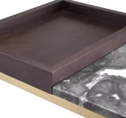Casa Padrino Luxus Beistelltisch Messing / Braun / Grau 70 x 40 x H. 35 cm - Rechteckiger Messing Tisch mit Walnuss Furnier und Marmorplatte - Wohnzimmer Möbel - Luxus Möbel - Luxus Einrichtung