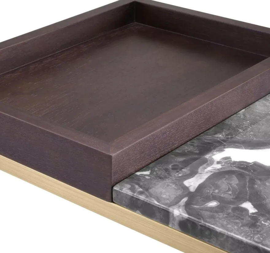 Casa Padrino Luxus Beistelltisch Messing / Braun / Grau 70 x 40 x H. 35 cm - Rechteckiger Messing Tisch mit Walnuss Furnier und Marmorplatte - Wohnzimmer Möbel - Luxus Möbel - Luxus Einrichtung