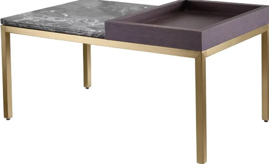 Casa Padrino Luxus Beistelltisch Messing / Braun / Grau 70 x 40 x H. 35 cm - Rechteckiger Messing Tisch mit Walnuss Furnier und Marmorplatte - Wohnzimmer Möbel - Luxus Möbel - Luxus Einrichtung