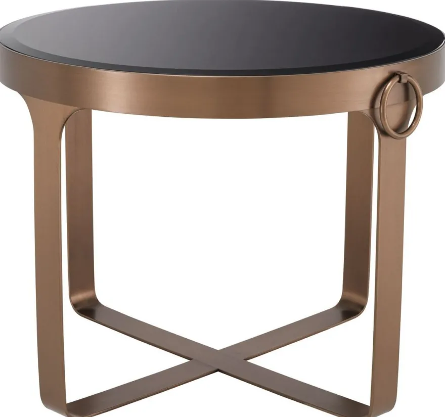 Casa Padrino Luxus Beistelltisch Kupferfarben / Schwarz Ø 60 x H. 47 cm - Runder Edelstahl Tisch mit Glasplatte - Wohnzimmer Möbel - Luxus Möbel