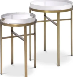Casa Padrino Luxus Beistelltisch Set Messingfarben - 2 Runde Edelstahl Tische mit Glasplatte - Luxus Wohnzimmer Möbel