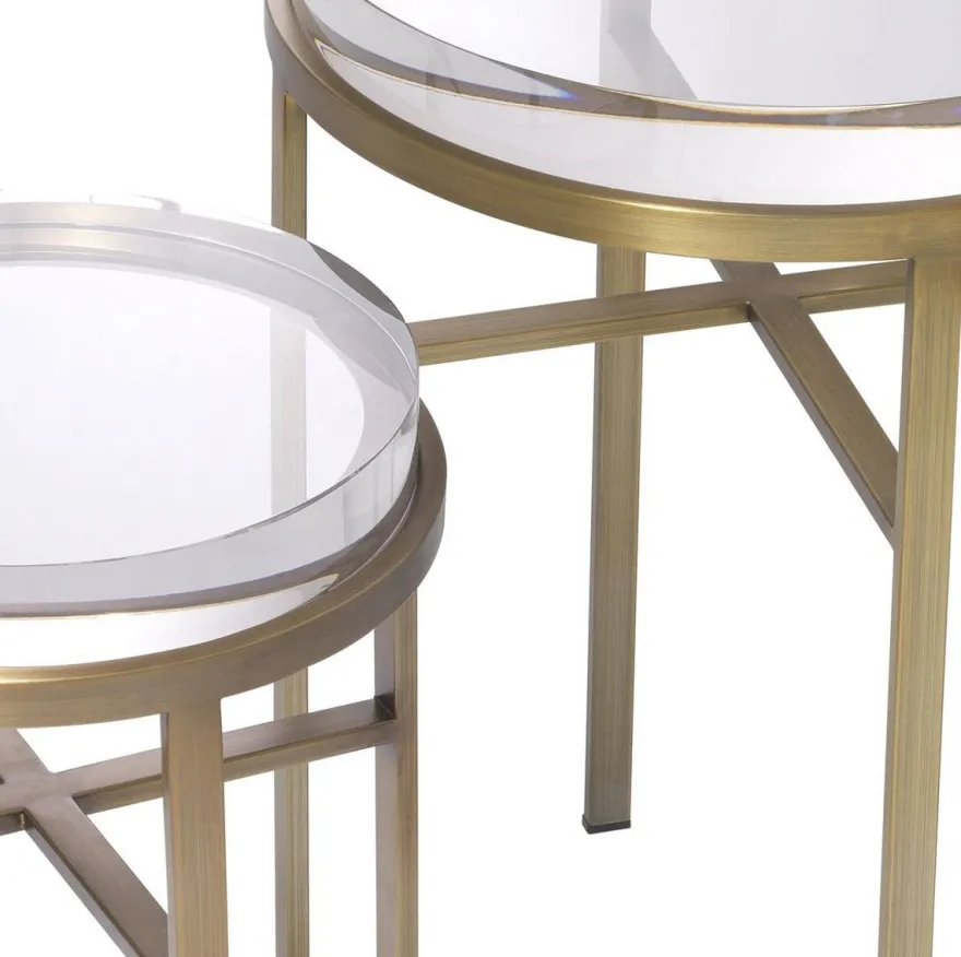 Casa Padrino Luxus Beistelltisch Set Messingfarben - 2 Runde Edelstahl Tische mit Glasplatte - Luxus Wohnzimmer Möbel