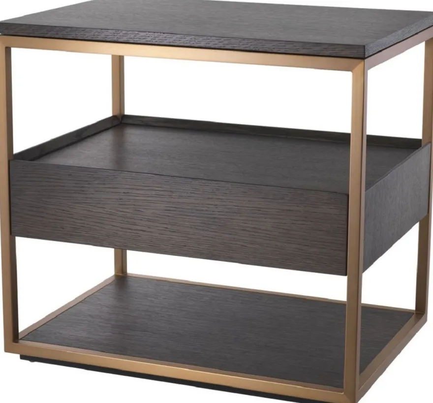 Casa Padrino Luxus Beistelltisch mit Schublade Mokka / Kupfer 65 x 46 x H. 61 cm - Eichenfurnier Nachttisch mit Edelstahl Gestell - Luxus Möbel